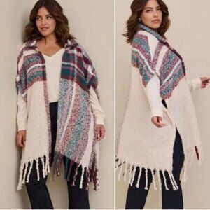 Torrid Cold Weather Ruana Creme Berry Plaid Open Fringed Knit Wrap Size OS